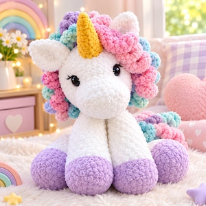 May include: A plush unicorn toy with a white body, a yellow horn, and a mane featuring curly strands of pink, blue, and purple yarn. The unicorn has black eyes with long lashes and purple hooves. The texture is soft and fuzzy throughout.