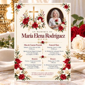 May include: A memorial funeral programme card featuring a portrait of a woman, a gold cross, and red and white rose floral arrangements. The text reads En Memoria de María Elena Rodríguez, Q.E.P.D., with details for a funeral mass and rosary in English and Spanish.