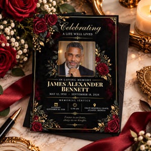 May include: A rectangular funeral memorial service program card featuring a black background with deep red roses and gold foliage accents. The card displays a portrait of a man, the text Celebrating A Life Well Lived, In Loving Memory, James Alexander Bennett, dates, and service details.