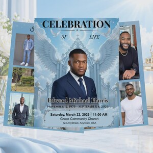 Blue & White Funeral Program Template, Male Memorial Booklet, Celebration of Life Obituary Design, Canva Editable Digital Download