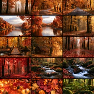 20 digitala höstlandskapsbilder, höstskog, bergssjö, flod, skogsmarkspaket (digital nedladdning)