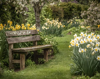 Spring Garden with Rustic Wooden Bench – High Resolution Digital Photo