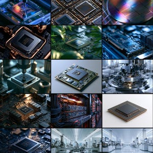 May include: A collage of computer hardware components including central processing units, integrated circuits, and silicon wafers. The images display various stages of semiconductor manufacturing, circuit board assembly, and server room infrastructure.