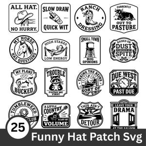 Funny Hat Patch SVG Bundle: 25 Western Badge Designs, PNG & JPG