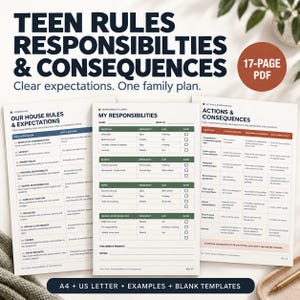 May include: A 17-page PDF document set titled Teen Rules Responsibilities & Consequences, featuring three printed templates with dark blue and green headers. The pages include tables for house rules, personal responsibilities, and actions with consequences.