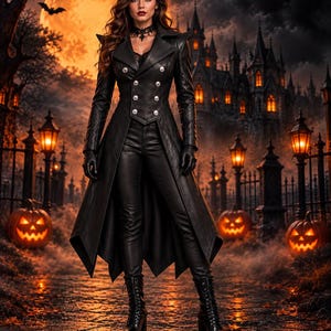 May include: A black leather double-breasted trench coat with silver buttons, worn over matching black leather pants. The outfit includes black leather gloves, a black lace choker, and black lace-up platform boots with a block heel.