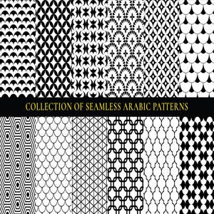 Könnte beinhalten: Eine Sammlung von zwölf verschiedenen schwarz-weißen, nahtlosen geometrischen Mustern, die in einem Raster angeordnet sind. Der Text COLLECTION OF SEAMLESS ARABIC PATTERNS steht in goldenen Buchstaben auf einem schwarzen Balken zwischen den Reihen.