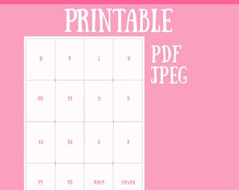Op de afbeelding: Een 16-pagina A3 printbaar sjabloon met een rasterindeling op een witte achtergrond met roze tekst met de tekst 16PG TEMPLATE A3, PRINTABLE, PDF en JPEG. Het raster bevat zestien rechthoekige secties met roze cijfers en tekstlabels.