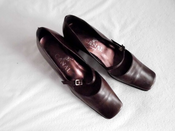 Vintage leather shoes, brown leather square toe sh