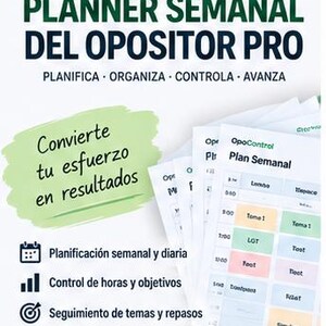 Puede incluir: Un planificador semanal digital en formato PDF titulado PLANNER SEMANAL DEL OPOSITOR PRO. Presenta un fondo blanco con detalles en verde, una cuadrícula de horario semanal e iconos para la planificación, control de horas y repaso.