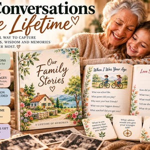 Puede incluir: Un libro de recuerdos titulado Our Family Stories con una ilustración de paisaje en la portada, páginas abiertas con preguntas como When I Was Your Age y Love Stories, tres tarjetas de conversación cuadradas y fotos antiguas en blanco y negro.