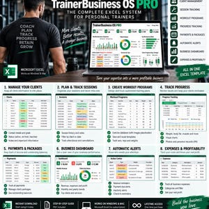 May include: TrainerBusiness OS PRO, a complete Excel system for personal trainers. The display shows a laptop with a dashboard, eight numbered sections detailing client management, session tracking, workout programs, progress tracking, payments, business dashboard, automatic alerts, and expenses.