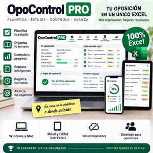 May include: A digital study management tool called OpoControl PRO displayed on a laptop, smartphone, and tablet screen. The interface shows progress bars, study topics, and scheduling data. Text includes OpoControl PRO, Planifica, Estudia, Controla, Avanza, and Tu Oposición en un único Excel.