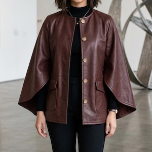 Women’s Brown Leather Cape Jacket, Leather Poncho Coat, Button Front Jacket, Oversized Leather Outerwear, Elegant Fall Winter Jacket