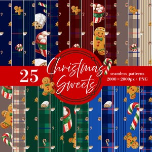 クリスマススイーツのデジタルペーパー、かわいいクリスマススイーツのイラスト、クラシカルなカラーバリエーション、25枚、5種のデザイン、5種のカラー、シームレスパターン、2000×2000px、PNG