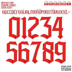 Może przedstawiać: Cyfrowy zestaw czcionek zatytułowany Benfica Font Europa League 2026-2027, zawierający czerwone wielkie litery od A do Z oraz cyfry od 0 do 9 w ostrym, kanciastym stylu. Zawiera ikony formatów plików TTF, OTF, PDF, SVG, EPS, AI oraz napis Goalera Studio.
