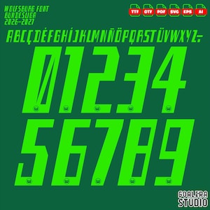 Op de afbeelding: Een digitale lettertypeset getiteld Wolfsburg Font Bundesliga 2026-2027, met fel limoengroene alfanumerieke tekens op een donkergroene achtergrond. De set bevat hoofdletters, cijfers 0-9 met kleine logo's en iconen voor bestandsformaten.