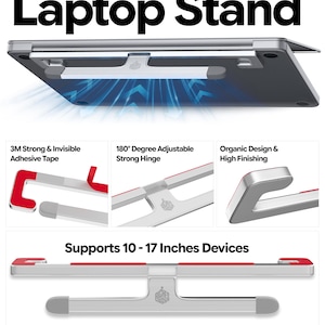 May include: A silver foldable invisible laptop stand by Richesbox. Features include 3M adhesive tape, a 180-degree adjustable hinge, and an organic design. The stand supports devices from 10 to 17 inches and is compatible with various laptop brands.