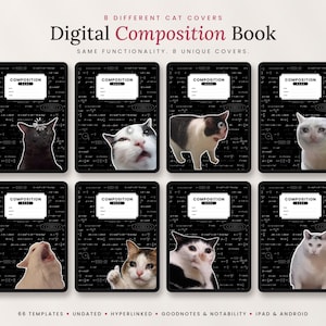 May include: A digital composition book set featuring eight distinct covers, each displaying a black background with white mathematical formulas and a unique cat image. The text reads: 8 DIFFERENT CAT COVERS, Digital Composition Book, SAME FUNCTIONALITY. 8 UNIQUE COVERS, 66 TEMPLATES, UNDATED, HYPERLINKED, GOODNOTES & NOTABILITY, IPAD & ANDROID.