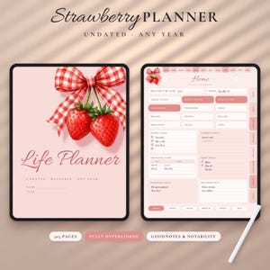 May include: A digital Strawberry Planner with 303 pages, featuring a pink cover with two strawberries tied with a red and white gingham bow. The interior layout includes sections for yearly goals, habit focus, and financial tracking, compatible with Goodnotes.