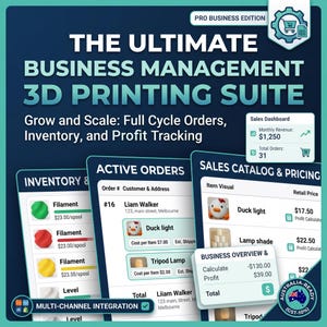 Op de afbeelding: Een digitale bedrijfsbeheersuite voor 3D-printen met een dashboard met de tekst The Ultimate Business Management 3D Printing Suite, Grow and Scale: Full Cycle Orders, Inventory, and Profit Tracking, plus verkoop- en voorraadgegevens.