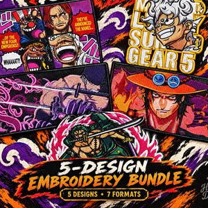 Puede incluir: Un paquete de 5 diseños de bordado con personajes del anime One Piece. La colección incluye un panel de cómic, un personaje de pelo blanco con la etiqueta SUN GEAR 5, un personaje con sombrero y dos representaciones de un espadachín.