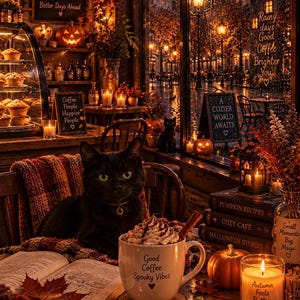 Può includere: Un gatto nero siede a un tavolo di legno accanto a una tazza bianca con il testo Good Coffee Spooky Vibes. Il tavolo presenta un libro aperto, un biscotto a forma di zucca, una candela etichettata Autumn Feels Better Here e libri impilati.