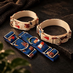 Martingale-Hundehalsband mit Retro-Katzenmuster, Vintage-Katzenmuster-Halsband, beige oder marineblau mit goldfarbenen Beschlägen