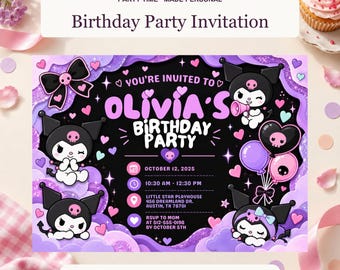 Può includere: Un invito di compleanno rettangolare con sfondo nero, nuvole viola, cuori rosa e personaggi Kuromi. Il testo recita: Olivia's Birthday Party, 12 ottobre 2025, 10:30 - 12:30, Little Star Playhouse, 456 Dreamland Dr, Austin, TX 78701.