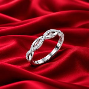 Round Moissanite Infinity Ring, 925 Silver Twisted Band, Sparkling Wedding Ring