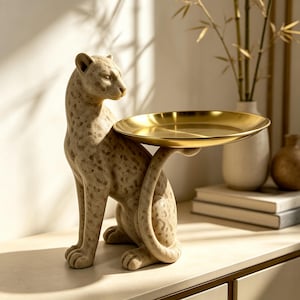 Leopard Statue Tray: Resin Cheetah Figurine with Gold Metal Tray – Entryway Table Decor, Key Storage Tray, Modern Home Decor