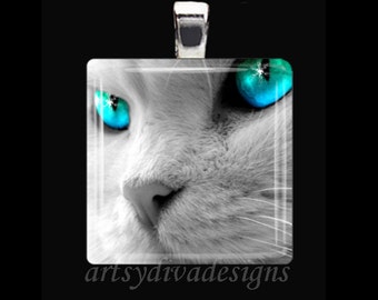BLUE EYED KITTY Cat Eyes Cat Lover Glass Tile Pendant Necklace Keyring