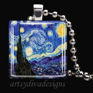 STARRY NIGHT Vincent Van Gogh Art Glass Tile Pendant Necklace Keyring