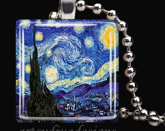 STARRY NIGHT Vincent Van Gogh Art Glass Tile Pendant Necklace Keyring