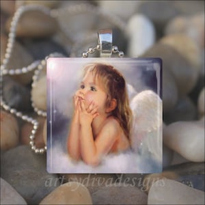 LITTLE ANGEL Cherub Girl Heaven Baby Child Glass Tile Pendant Necklace Keyring