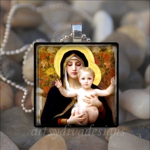 VIRGIN MARY with CHILD Mother of Baby Jesus Christ Christian Catholic Religious Glass Pendant Necklace Keyring