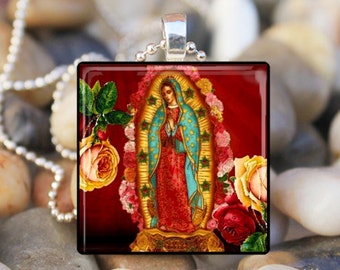 VIRGIN OF GUADALUPE Our Lady of Guadalupe Virgin Mary Catholic Religious Glass Tile Pendant Necklace Keyring design 3