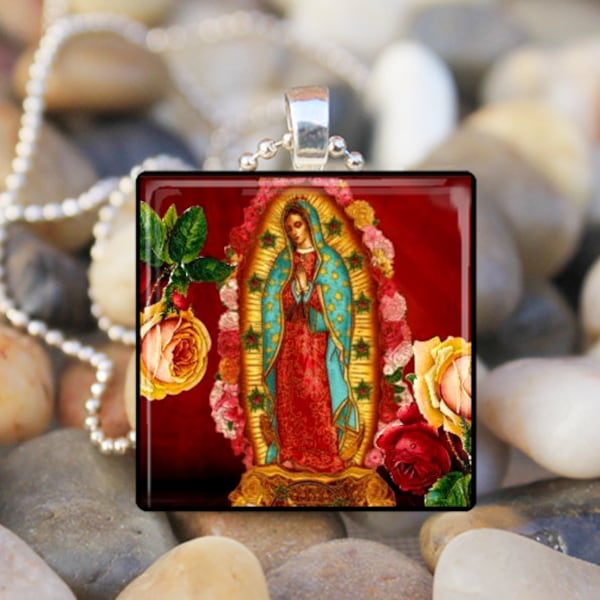 VIRGIN OF GUADALUPE Our Lady of Guadalupe Virgin Mary Catholic Religious Glass Tile Pendant Necklace Keyring design 3