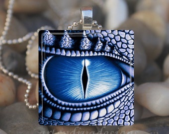 DRAGON EYE Blue Green Fire Red Glass Tile Pendant Necklace Keyring