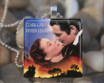 GONE WITH the WIND Rhett Butler Scarlett O'Hara Romance Glass Tile Pendant Necklace Keyring design 1