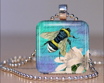 POETRY BEE GARDEN Spring Flower Honey Bumblebee Glass Tile Pendant Necklace Keyring