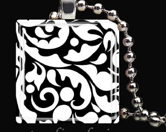 BLACK WHITE DAMASK Fleur de Lis Scrollwork Design Glass Tile Pendant Necklace Keyring