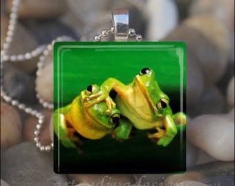 FROG FRIENDS Best Friend Frogs Love Valetine Glass Tile Pendant Necklace Keyring