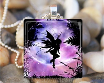 PURPLE FAIRY MOON Fantasía Pixie Forest Cristal Azulejos Colgante Collar Llavero