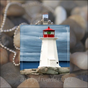 BEACON OF LIGHT Lighthouse Beach Ocean Vacation Glass Tile Pendant Necklace Keyring