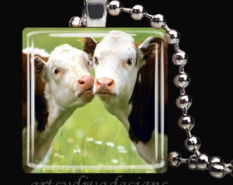 COWS IN LOVE Kissing Farm Animals Country Glass Tile Pendant Necklace Keyring