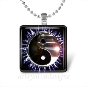 METALLIC YIN YANG Electric Sun Black Silver Glass Tile Pendant Necklace Keyring