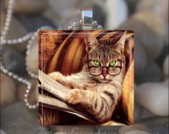 SMART KITTY Library Cat Glass Tile Pendant Necklace Keyring