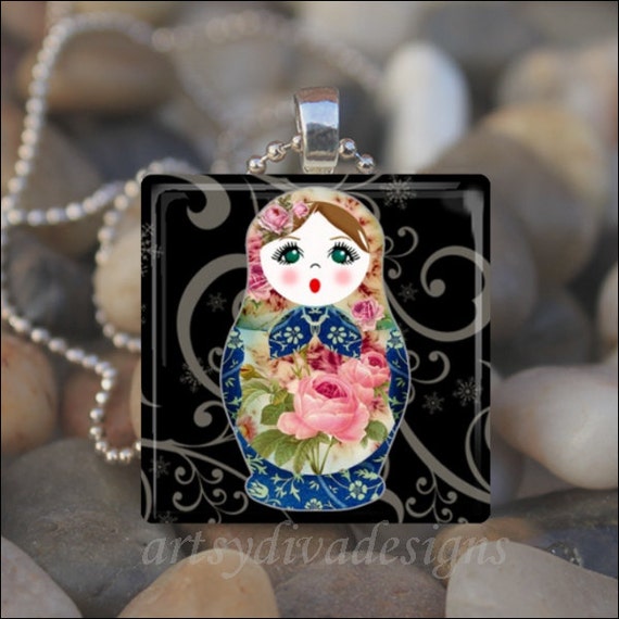 RUSSIAN NESTING DOLL Matryoshka Babushka Russian Stacking Dolls Glass Tile  Pendant Necklace Keyring Design