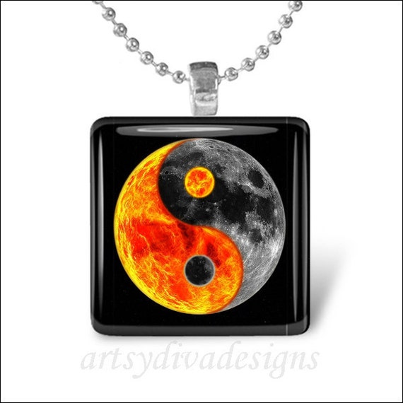 Sun Moon Ying Yang And Glass Tile Pendant Necklace - Sun Moon Glass Pendant Sun Moon Ying Yang And Glass Tile Pendant Necklace - Sun Moon Glass Pendant